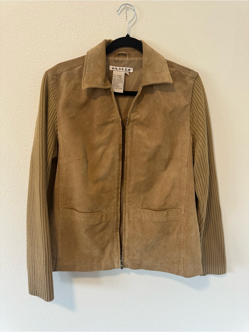 A.M.I. Tan Genuine Suede Leather Ribbed Knit Sleeve Jacket Size L Vintage Y2K